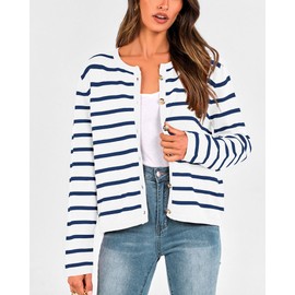 BTFBM Women's Cardigans Sweater 2024 Fall Striped Long Sleeve Button Down Crop Open Front Knit Outerwear Deco Pockets(Striped White Blue, Small)