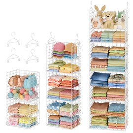 8 Tier Extended Width Hanging Closet Organizer, Sweater Storage for Closet Organizer System, Stackable Wire Basket Bins for Clothes Purse Shoes, Hanging Shelves with 4 Hooks & 4 Dividers Adjustable