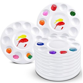 10 Pcs 6.7 Inch Round Plastic Paint Palette with 10 Wells & Central Reservoir, Paint Tray Pallet for Acrylic Watercolor Oil Painting, DIY Crafts and Art Painting Projects
