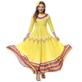 Faltern Mexican Cinco De Mayo Dress Women Mexican Fiesta Costume Dress Traditional Mexican Folklorico Dress for Women Yellow