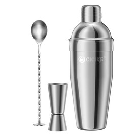 Professional Stainless Steel Cocktail Shaker Set, Including Double-Sided Measuring Jigger and Mixing Spoon, 24 Ounces/710 ml Capacity, Mirror Polished Finish