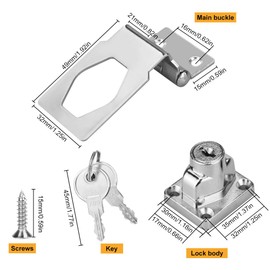 Small Hasp and Staple, TANCUDER 90 Degrees Metal Lock Hasp 2.5 Inch Door Bolt Latch Buckle Safety Door Clasp Knob Shed Locks with Padlock, Key, Screws for Cabinets Cupboard Drawer Gate, Silver