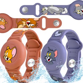 2 Pack AirTag Bracelet for Kids, Waterproof Cute Cartoon Air tag Holder for Kids with Watch Band Design, Full Coverage Silicone Airtag Hidden Accessories for Child, Healthy Material Brown + Grey