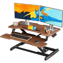 JYLH JOYSEEKER Standing Desk Converter 32 inch, Height Adjustable Sit Stand Desk Riser, Quick Sit to Stand Tabletop Dual Monitor Riser Workstation for Home Office with Keyboard Tray, Dark Wood