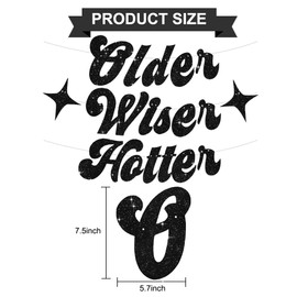 BEISHIDA Glitter Black Older Wiser Hotter Banner with star(Pre-Strung),Funny Birthday Banner 30th 40th 50th 60th 70th 80th Birthday Party Decorations Birthday Sign Birthday Gift