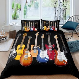 Guitar Printed Bedding Set Teens Rock Music Themed Duvet Cover for Kids Children Adults Colorful Musical Pattern Comforter Cover Hip Hop Stripe Style Bedspread Cover Bedroom Decor 3Pcs Queen Size