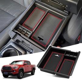 CARFIB Center Console Organizer Tray Compatible with Toyota Tacoma 2023-2016 Middle Storage Box Car Armrest Accessories Front Coin Holder Red