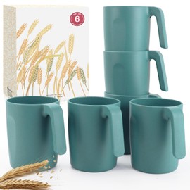Wrova 16oz Wheat Straw Cups with handles set of 6-Plastic Cups Reusable-Unbreakable Kids Mugs-Dishwasher Safe & Microwave Safe-Ideal Plastic Mugs for Tea,Coffee,Camping,RV-Green