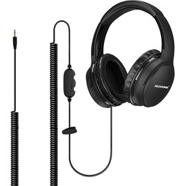 MOXKING 19.5Ft / 6M Extra Long Cord Headphones for TV PC with Volume Control, Spring Coiled Cable, 3.5mm AUX, Wired Over Ear Earphones for Seniors Hard of Hearing, Large Comfortable Computer Headset