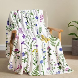 Wildflowers Throw Blanket Botanical Floral Throw Blanket Colorful Butterfly Printed Blanket Flowers Decorative Soft Warm Cozy Flannel Throw Blankets for Bedding Sofa 50"x60"