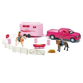 New-Ray Pink Pick Up Truck & Trailer Horse Set