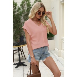 Women's Tops for Spring Fashion and Summer 2025 Loose Knitted Sweater Vest V-Neck Sleeves Pullover Versatile (Peach Pink,X-Large)