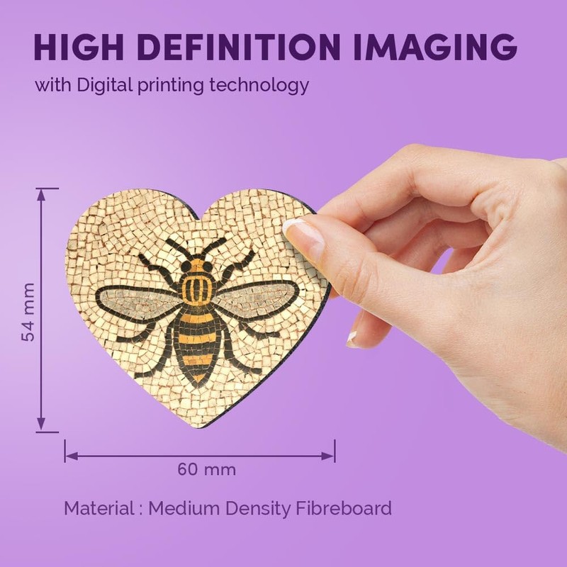 1x Heart MDF Magnet 6cm - Manchester Bee Mosaic Pattern