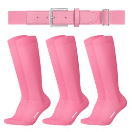 JASGOOD Baseball Socks and Belt Combo Set 3 for Youth Adult Softball Socks and Belt Football Socks for Kids Boys Girls(Light Pink)