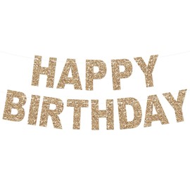 Glitter Champagne Gold Happy Birthday Banner Letters Birthday Sign, Birthday Garland Wall Door Banner Flag for Women Men Boys Girls Birthday Party Backdrop Decorations Supplies, No Assembly Required