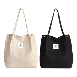 Corduroy Totes Bag for Women Girls, Kememo Shoulder Handbags Big Capacity Shopping Bag with Inner Pocket, Black+Beige