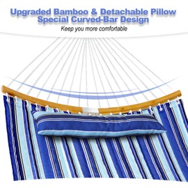 Double Hammock with Bamboo Wood Spreader Bars & Detachable Pillow, 2 Person 11 FT Portable Hammocks Bed Quilted Fabric Hammock for Yard Garden Balcony Indoor Outdoor, 440 Pound Capacity, Blue Stripe