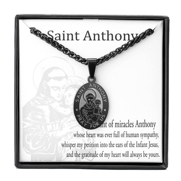 Zocomi Black Saint St Anthony Medal Necklace for Men Boys,