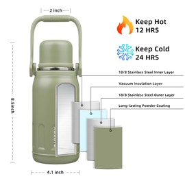 BJPKPK 27oz Insulated Thermos Water Bottle with Lid and Carry Handle BPA Free Stainless Steel Water Bottles for School,Army Green