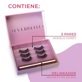 Everbelle Kit de Pestañas Postizas Magnéticas SIN pegamento - 3 Pares Modelo HONEY Estilo Natural (Reusables hasta 30 veces) y Delineador Magnético Liquido (8ml)