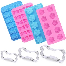 Set of 7, Puppy Dog Paw and Bone Silicone Molds with Stainless Steel Bone Cookie Cutter, findTop Food Grade Silicone Molds (Pink & Blue), Assorted Sizes Dog Bone Biscuit Cookie for Chocolate, Ice Cube