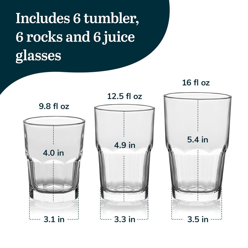 Libbey Boston Tumbler, Rocks, and Juice Glasses, 18 Piece Classic