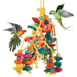 Fxvhojq Parrot Chewing Toys - Natural Wooden Birds Toys with Colorful Knots and Wooden Block for Pet Birds 30x35 cm Parrot Rainbow Block Hanging Bridge Swing Toys