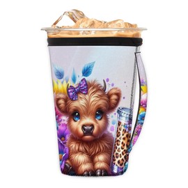 Reusable Iced Coffee Sleeve Cute Highland Cow With Handle Neoprene Ice Insulator Coffee Cup Sleeves Cold or Hot Drink Holder Compatible Large 30-32 OZ OZ for Coffee Cups Beverages Gift