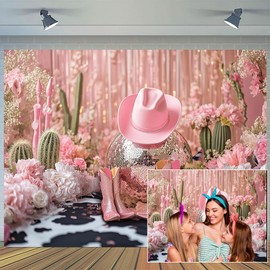 7X5ft Disco Western Cowgirl Party Backdrop Pink Black Cow Print Cowgirl Birthday Background Party Decorations Wild West Country Hot Pink Boot Birthday Photography Background Photo Booth Props