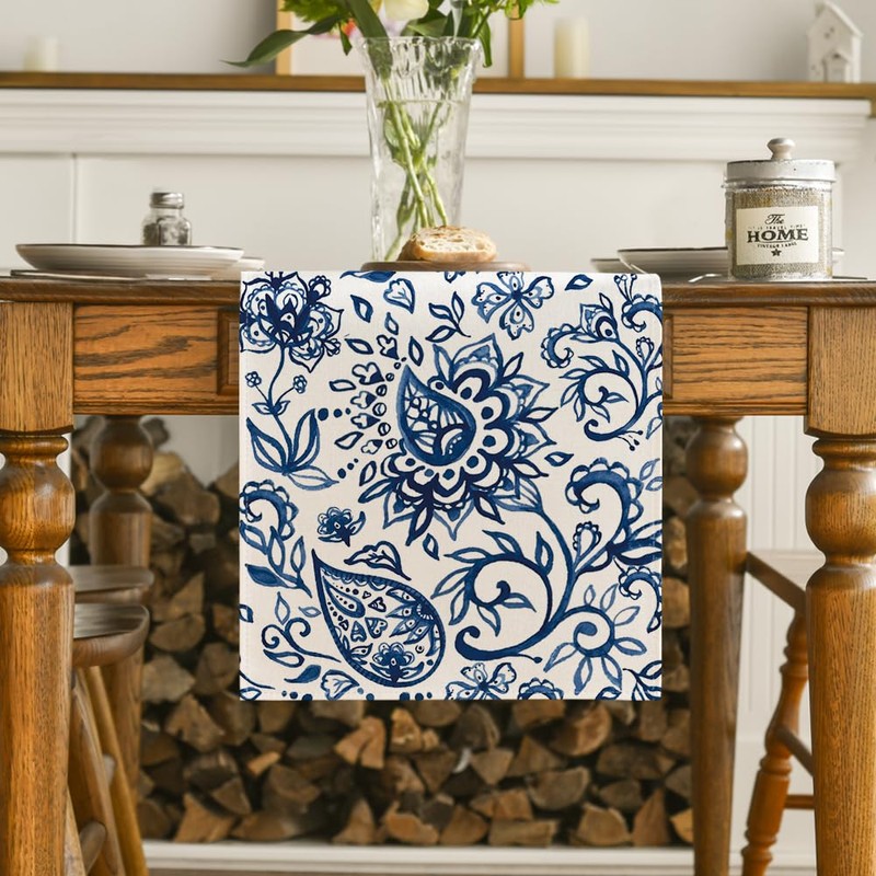 Artoid Mode Beige Floral Paisley Table Runner, Seasonal Spring Kitchen