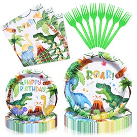 96 Pieces Dinosaur Birthday Tableware Set - Happy Birthday Disposable Dinnerware with Dino Design Plates, Napkins, and Forks for Boys Kids Party Decorations and Celebration, Serves 24 Guests