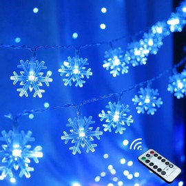 Blue Christmas Decorations Snowflake Lights, 20 FT 40 LED Battery Operated Fairy Lights with Remote, 8 Modes Waterproof Hanging Lights Bedroom Room Decor Wall Indoor Outdoor Xmas Tree Decorations