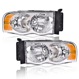 CHEDA Headlights Assembly Compatible with 2002 2003 2004 2005 Dodge Ram 1500 2003-2005 Dodge Ram 2500 3500 Headlight Lamps（Clear lens Chrome Housing Amber Reflector） Faros Conjunto De Faros
