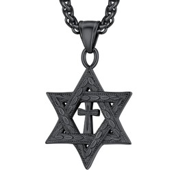 U7 Vintage Hip Hop Pendant on 22 Inch Wheat Rope Chain Black Retro Cross Star of David Necklace for Men Women