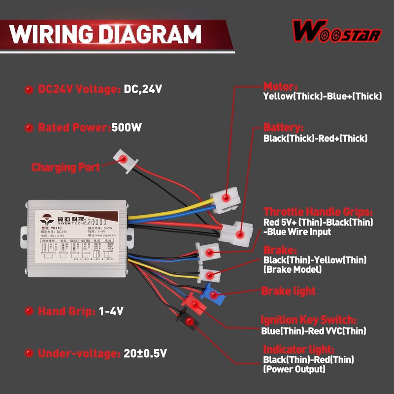 WOOSTAR Motorcycle Speed Controller 24V 500W Replacement for Electrical Scooter