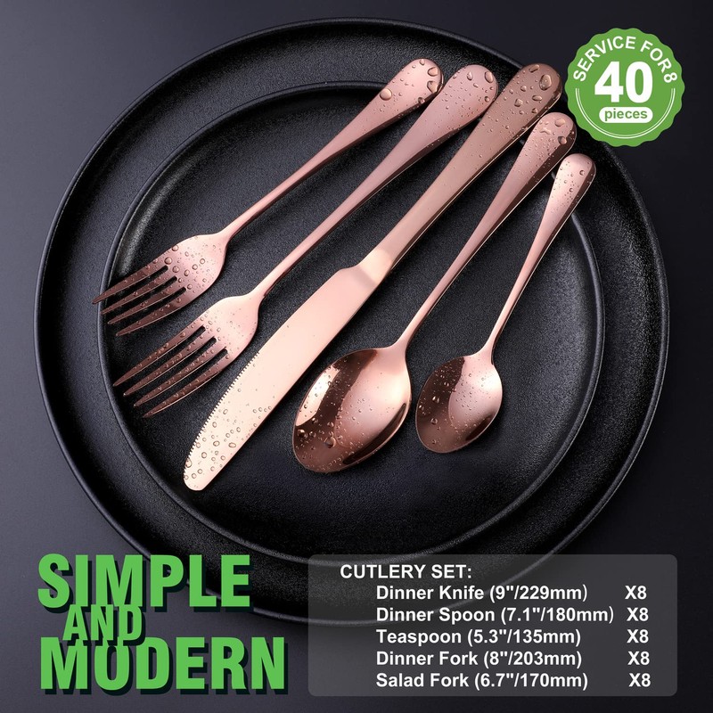 Copper/Rose Gold Silverware Set, OGORI 40-Piece Stainless Steel Flatware Set,