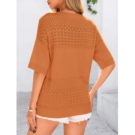 PRETTYGARDEN Women's Short Sleeve Sweater Tops 2025 Spring Summer Casual V Neck Ribbed Knit Trendy Eyelet Blouse T Shirts (Orange Red,Large)