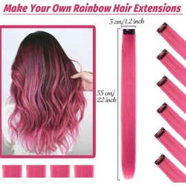 Beamely 16 Pieces Clip in Hair Extensions Colored Hair Pieces Straight Long Synthetic Heat Resistant Party Hair Accessories for Girls (22 Inch) (Pink)