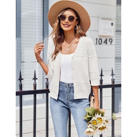Zeagoo Women's 3/4 Sleeve Cropped Cardigan 2025 Summer Lightweight Crochet Shrug Button Down Knit Sweater Cardigans A-White