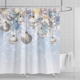 SHENGJUN 60x72 Christmas Shower Curtain, Silver Winter Merry Xmas Bath Bathroom Curtains, Bokeh Snowy Snowflakes Happy New Year Holiday Decors, Home Fabric Waterproof Shower Curtain Set with 12 Hooks