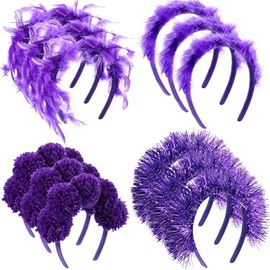 Yiyiring 12 Pcs Fuzzy Headbands Fluffy Yarn Pom Pom Feather Tinsel Wrapped Party Headwear Head Bopper for Birthday Festival(Purple)