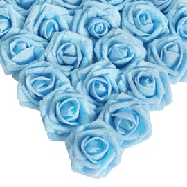 IPOPU Artificial Glitter Roses, 25pcs Foam Glitter Roses Glitter Flowers Foam Rose with Stem for DIY Wedding Bridal Bouquet Home Party Decoration(Light Blue)