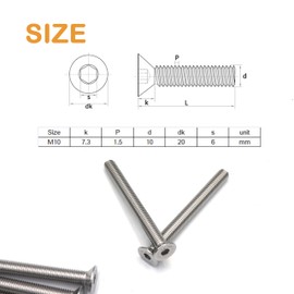 binifiMux 10pcs M10 x 30mm Countersunk Head Flat Hex Socekt Cap Bolts 304 Stainless Steel