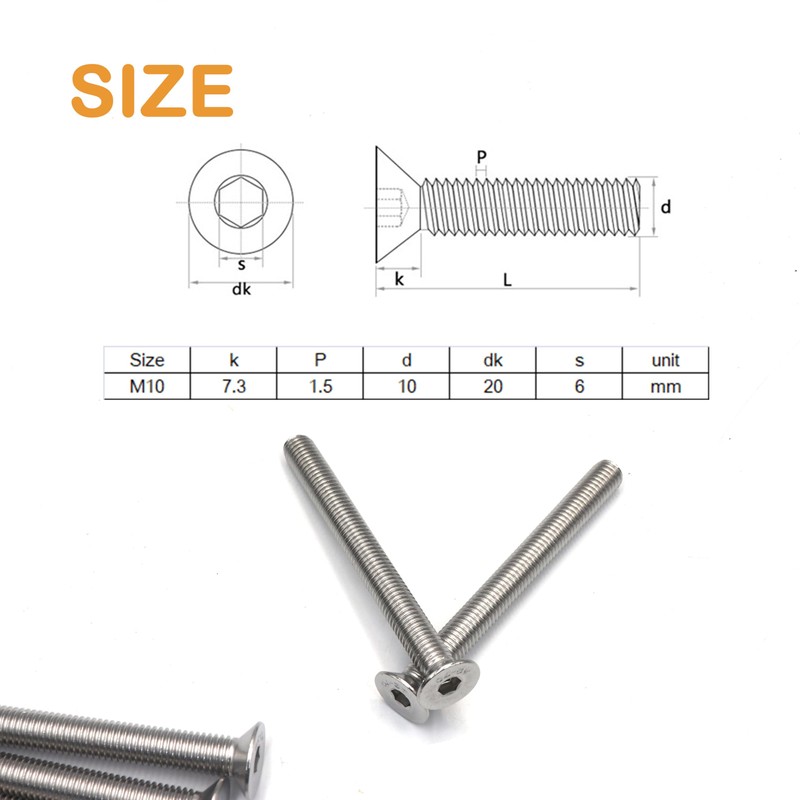 binifiMux 10pcs M10 x 30mm Countersunk Head Flat Hex Socekt