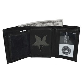 Leatherboss Genuine Leather Police Star Shape Badge Holder Trifold Wallet with ID Window, Black