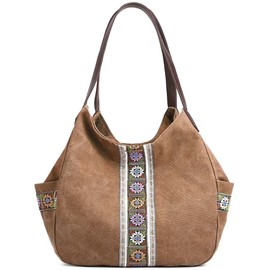 Worldlyda Women Canvas Hobo Purse Multi Pocket Tote Shopper Shoulder Bag Casual Top Handle handbag with Embroidery Ethnic Brown 3