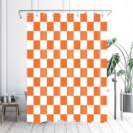 HVEST Orange Checkered Shower Curtain for Bathroom White Modern Geometric Minimalist Aesthetic Plaid Pattern Shower Curtain Checkerboard Bath Curtain Decor Polyester Fabric with Hooks, 72Lx60W Inches