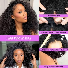 Querary Kinky Curly Half Wig Human Hair 20 Inch 220% Density Invisible Hairline 3 In 1 Drawstring Seamless Flip Over Glueless Wigs Curly Half Wigs for Women (20 Inch)