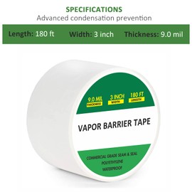 CRMCC Vapor Barrier Tape 3" x 180', 9Mil White Polyethylene Tape for Crawl Spaces & Moisture Barriers, Waterproof & Seam Tape for Underlayment, Insulation, and Plastic Liners