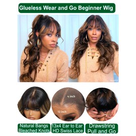 KLAIYI Ombre Brown Loose Body Wave Pre Everything Glueless 13x4 HD Lace Front Human Hair Wig with Natural Bang Highlight Balayage Brown Precut Lace Pre Plucked Bye Bye Knots Drawstring Wig 180% 16Inch